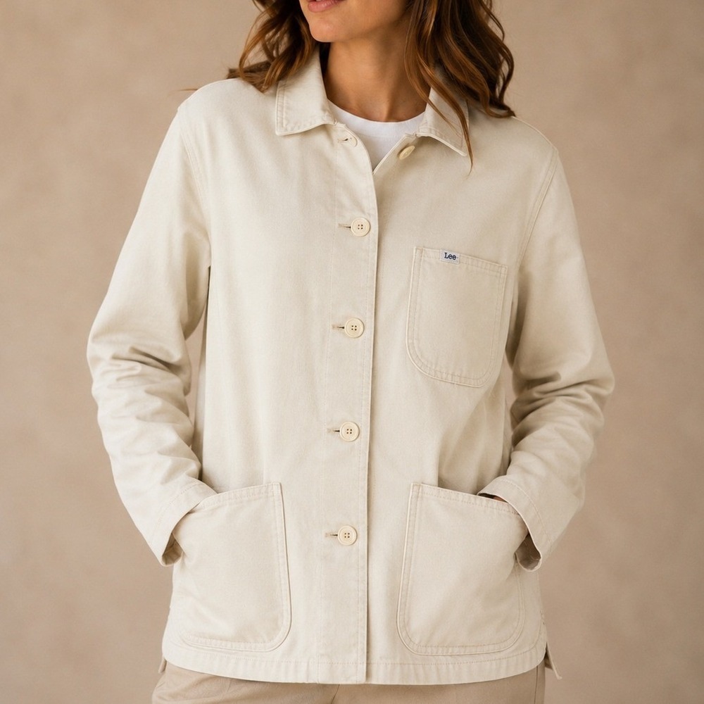 Lee Workwear Women XS Cream Off White Cotton Blend Button Up Chore Coat Jacket